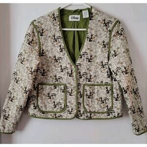 Disney Parks Bambi Flower Quilted Jacket Blazer V-Neck Button Cotton Olive